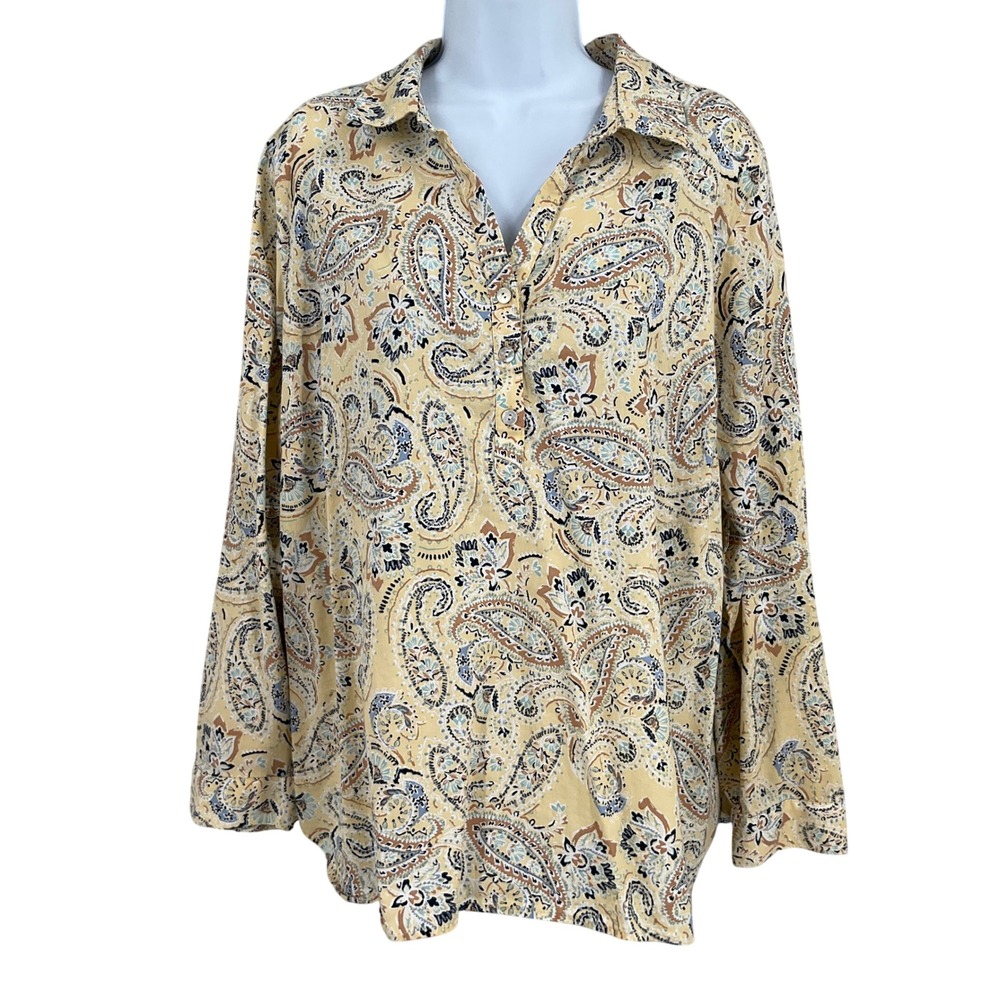 J. Jill Tunic Blouse Womens XL Yellow Cotton Paisley Long Sleeve Boho Top
